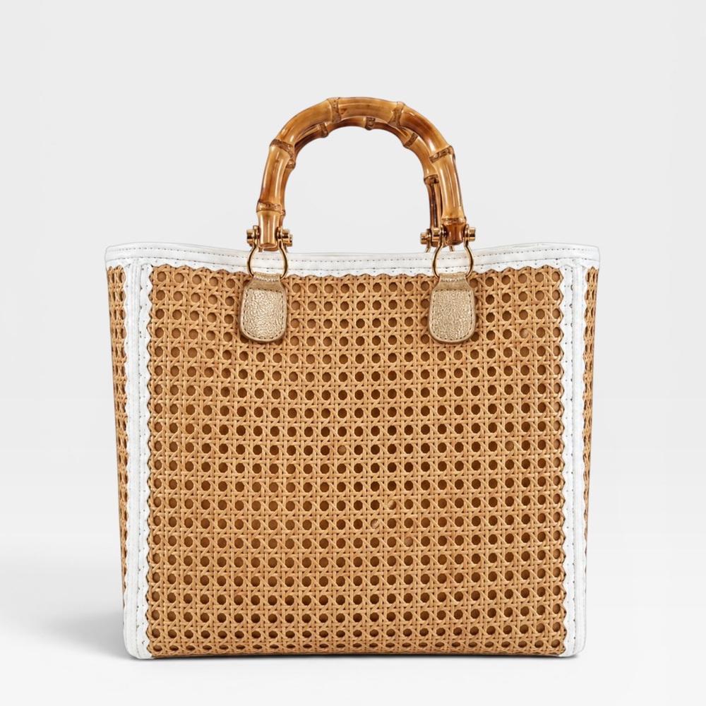 Woven Cane Tote Bag with Bamboo Handles - White Trim
